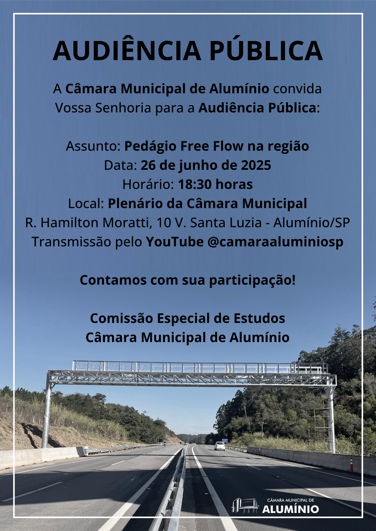 Imagem da notícia: CÂMARA REALIZA AUDIÊNCIA PÚBLICA SOBRE PEDÁGIO FREE FLOW